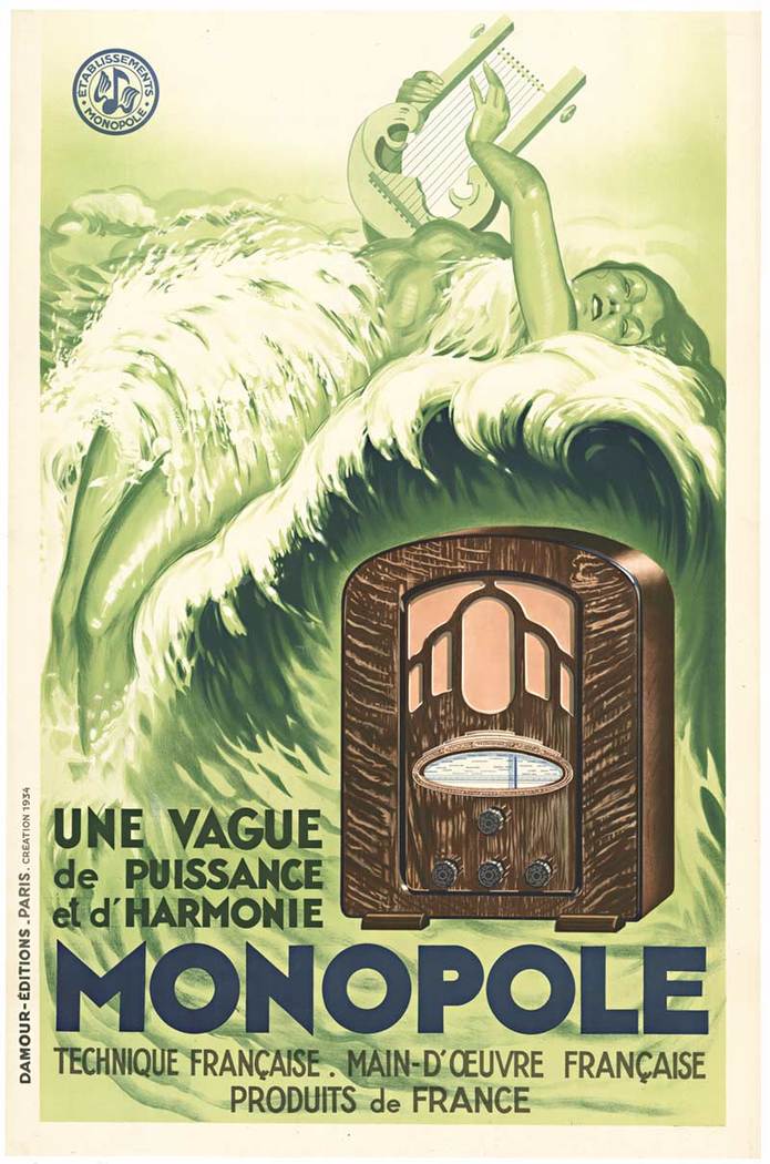 Original 1934 Lithograph poster for TSF radio Monopole "une vague de puissance et d'harmonie" (a wave of power and harmony) with the beautiful mermaid strumming her harp. Archival linen backed. Very good condition. Ready to frame.. Printer: Damour