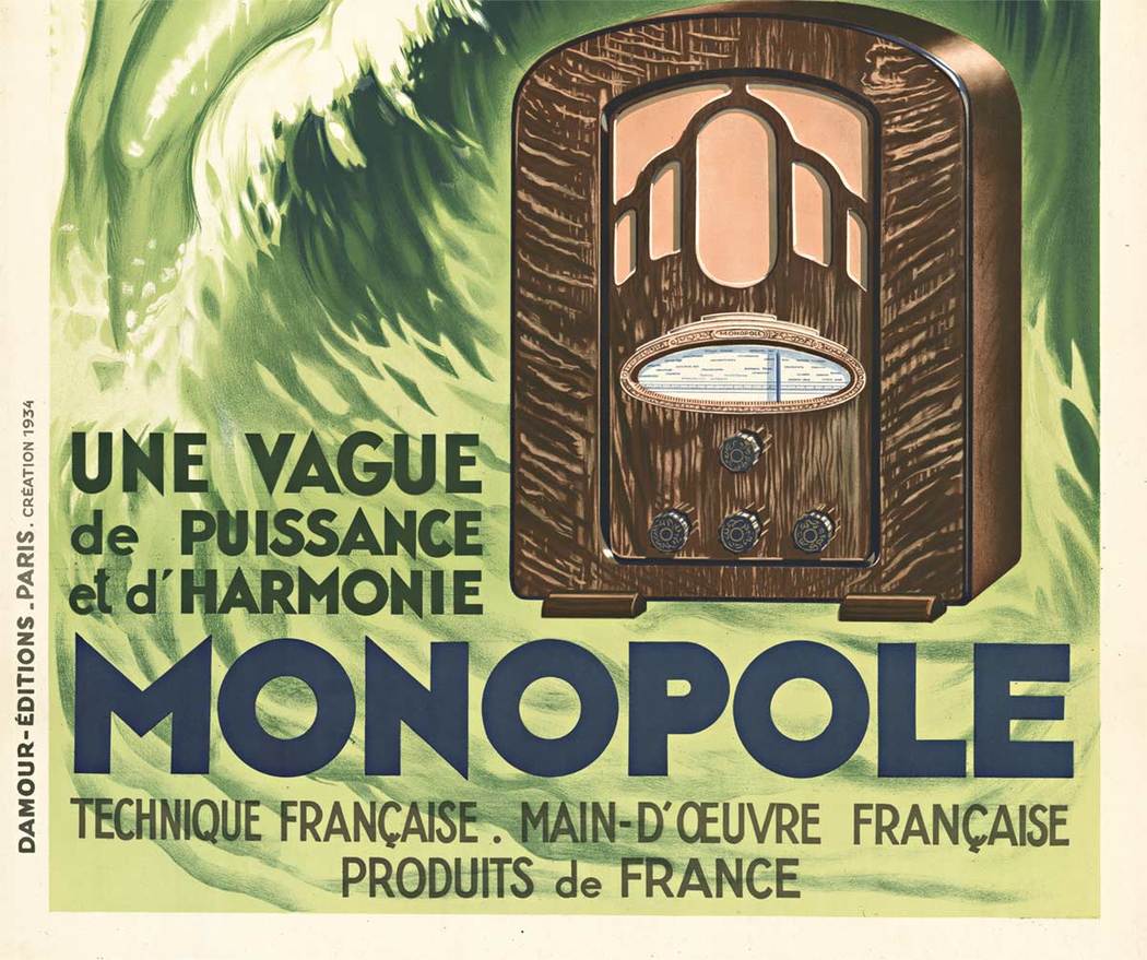 Original 1934 Lithograph poster for TSF radio Monopole "une vague de puissance et d'harmonie" (a wave of power and harmony) with the beautiful mermaid strumming her harp. Archival linen backed. Very good condition. Ready to frame.. Printer: Damour