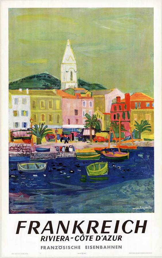 Original FRANKREICH RIVERA COTE D'AZUR, vintage SCNF French Railways vintage travel poster. Artist: Roger Bezombes. <br>Archival linen backed <br>Very good condition to excellent <br>Ready to frame <br>Certificate of Authenticity