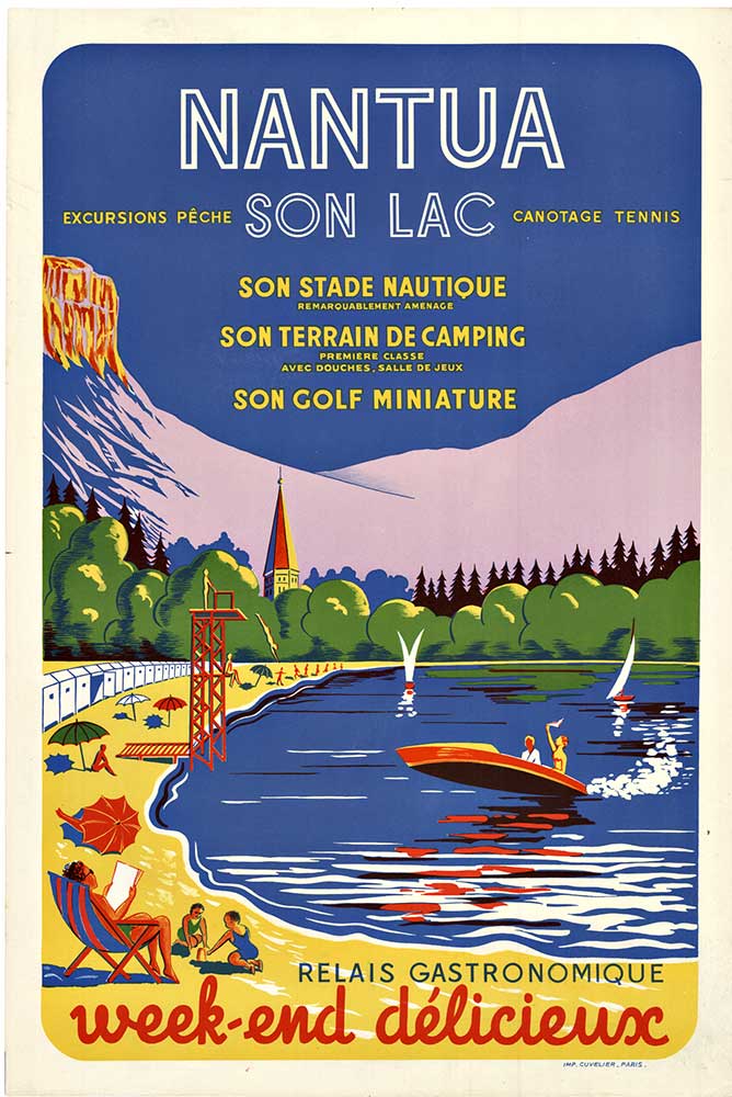 lake, boat, beach, dhildren, umbrella, sailing, beach, original poster, French,
