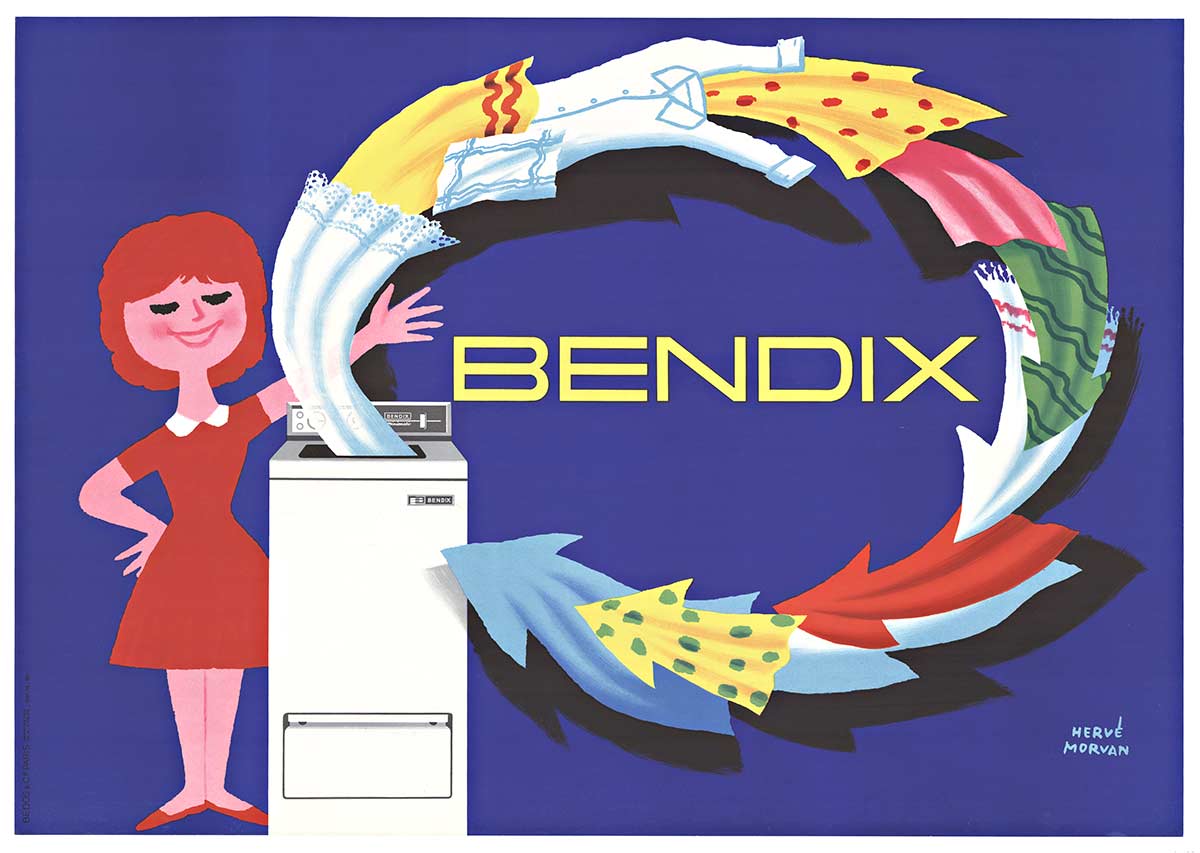 This is an original Bendix poster created by Herve Morvan in a mid-century modern style. Professional acid-free archival linen backed in very good condition. Fine. Today this original poster is difficult to find; especially in great condition. <br> <