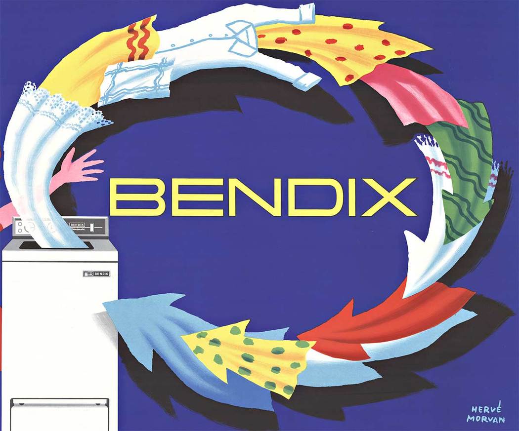 This is an original Bendix poster created by Herve Morvan in a mid-century modern style. Professional acid-free archival linen backed in very good condition. Fine. Today this original poster is difficult to find; especially in great condition. <br> <