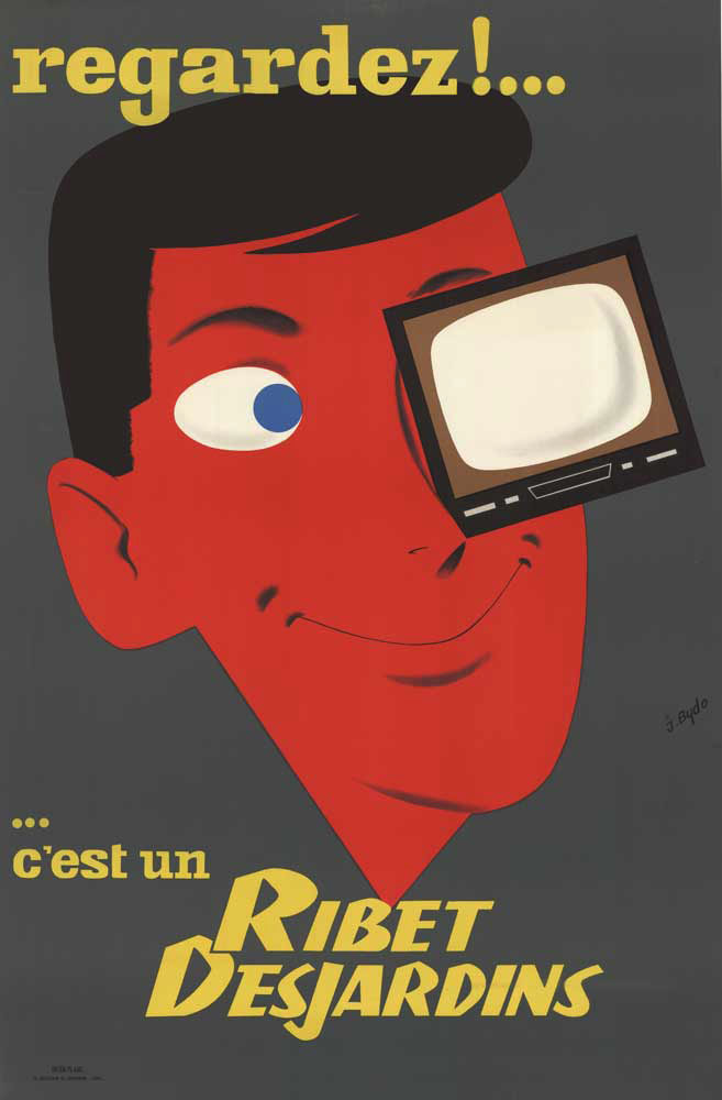 Mans fac with a television set as one eye. Large red face of a man, French poster, original poster, linen backed, excellent condition