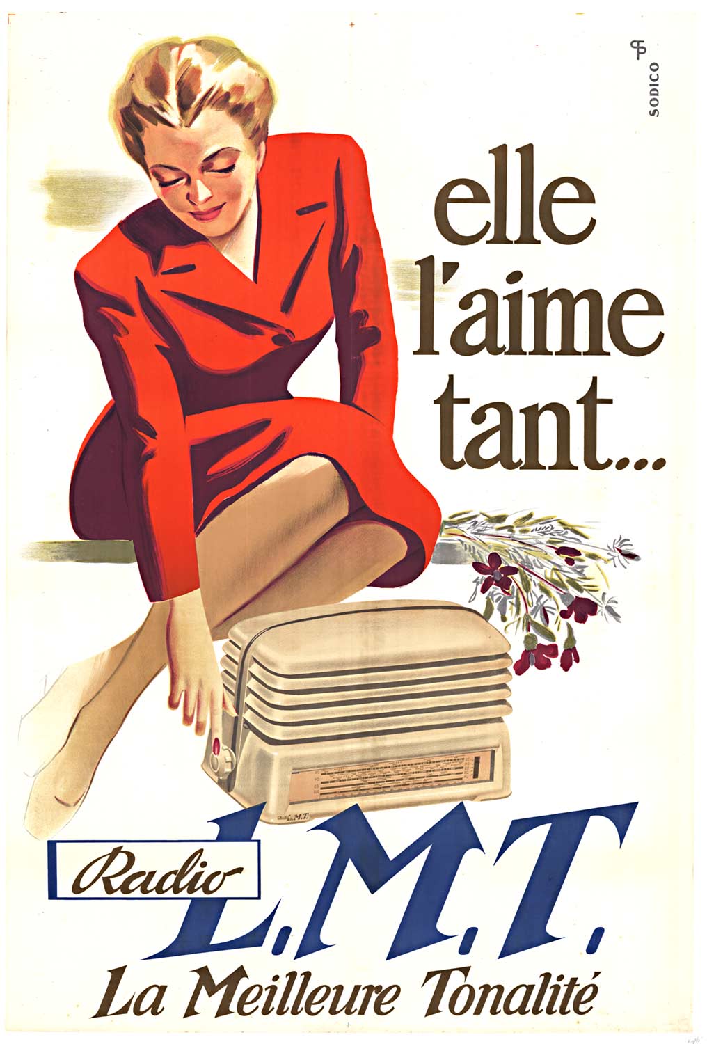 Radio L.M.T. "La Meilleure Tonalite". Elle l'aime tant. <br>Original French antique poster for the L. M. T. Radio. The radio with the best sound quality. Linen backed in great condition, ready to frame. The LMT stands for: Le Materiel Telephonique