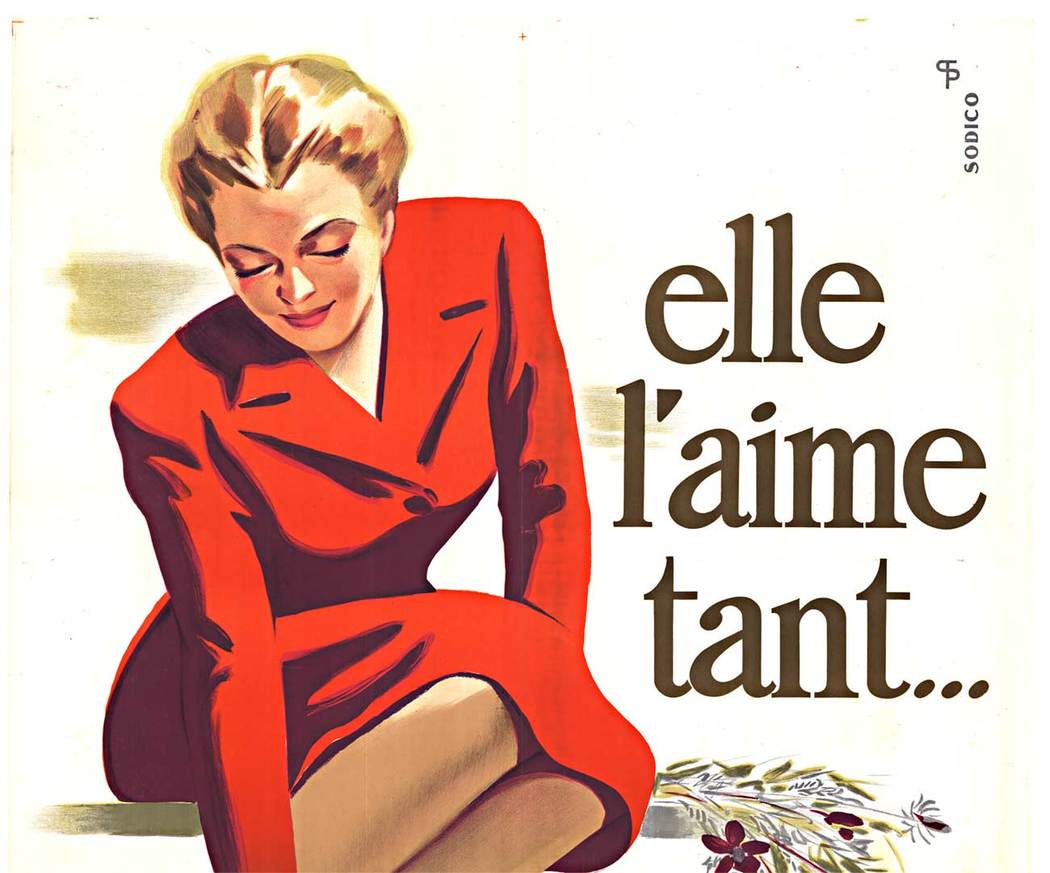 Radio L.M.T. "La Meilleure Tonalite". Elle l'aime tant. <br>Original French antique poster for the L. M. T. Radio. The radio with the best sound quality. Linen backed in great condition, ready to frame. The LMT stands for: Le Materiel Telephonique