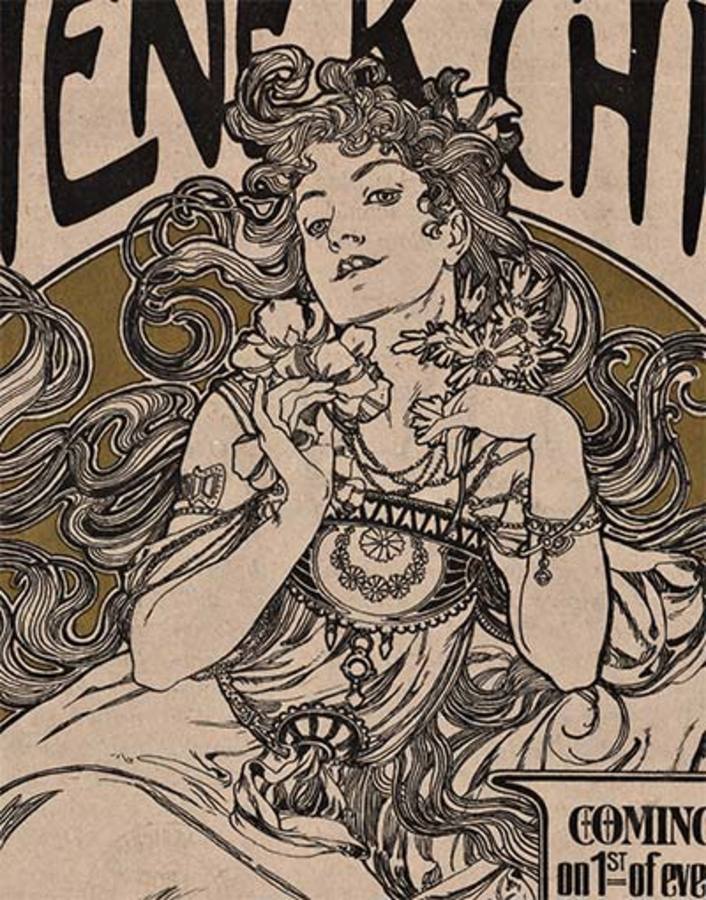 original Alphonse Mucha, lithograph, art nouveau woman, gold embossing, turn of thee century, excellent condition, peacock eyes, Vienna, Austria, Austrian fashion