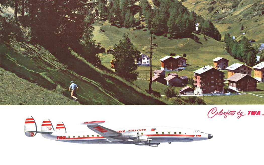 horizontal early Constellation aircraft and the Swiss Matterhorn behind, liinen backed, excellent condition, early TWA poster