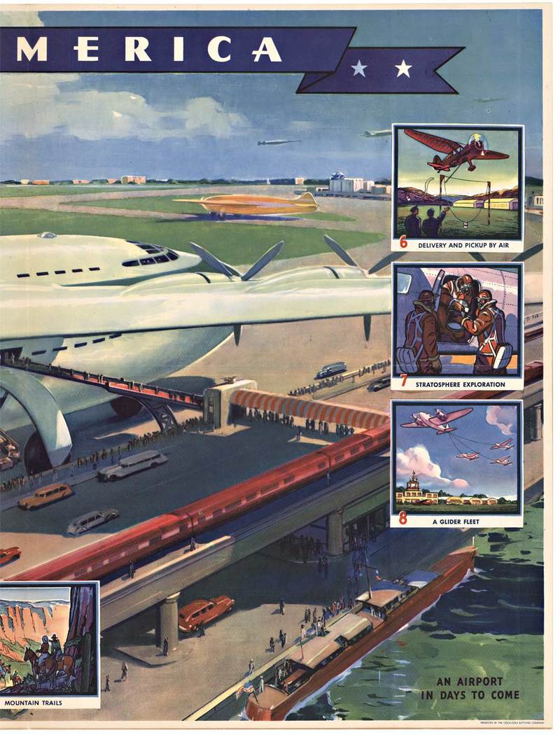 Original horizontal vintage WWII time frame OUR AMERICA TRANSPORTATION #4. Professional acid-free archival linen backed, mint condition. This #4 for Transportation has a few variations produced by Coca Cola to feature the future of modern air travel
