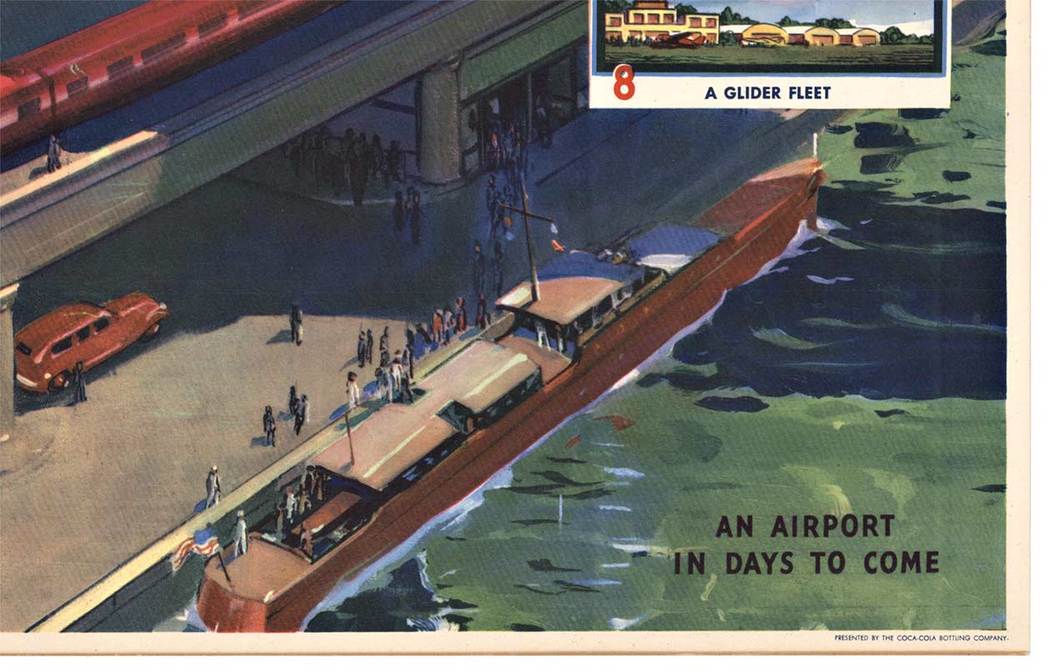 Original horizontal vintage WWII time frame OUR AMERICA TRANSPORTATION #4. Professional acid-free archival linen backed, mint condition. This #4 for Transportation has a few variations produced by Coca Cola to feature the future of modern air travel