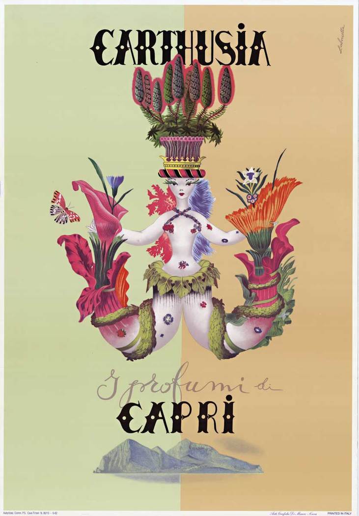 The Carthusia Capri vintage poster features a double tailed mermaid that shows the flowers and herbs used to make this ancient perfume that is produced on the Island of Capri. Country - Italy; date - 1962; topic - ad work promoting Carthusia perfume; art