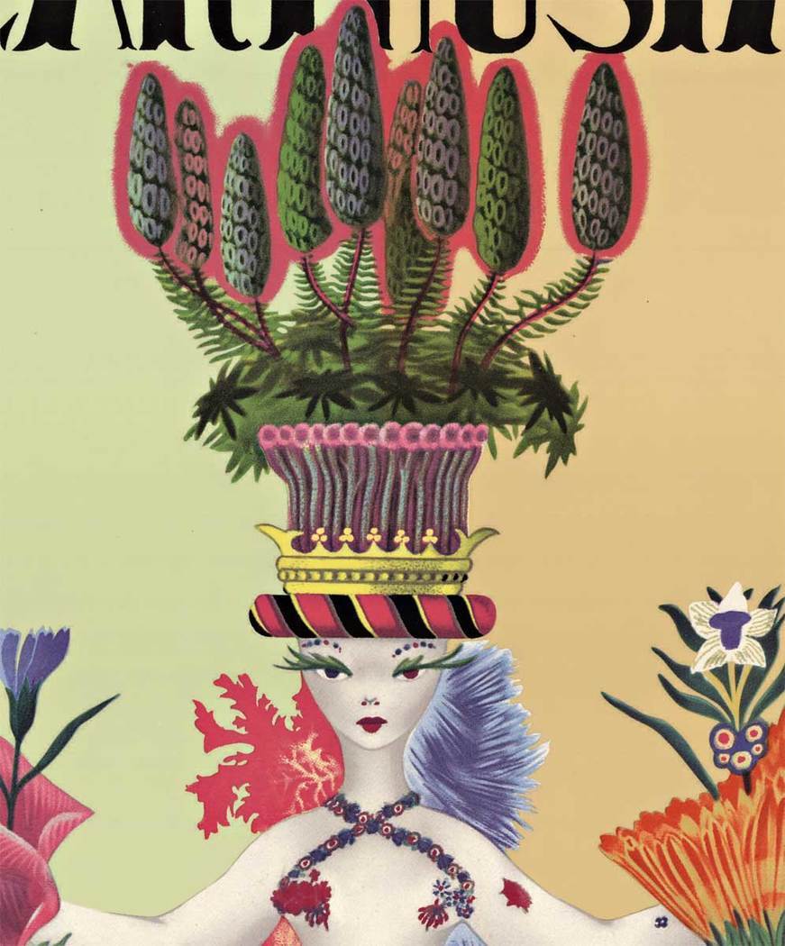 The Carthusia Capri vintage poster features a double tailed mermaid that shows the flowers and herbs used to make this ancient perfume that is produced on the Island of Capri. Country - Italy; date - 1962; topic - ad work promoting Carthusia perfume; art