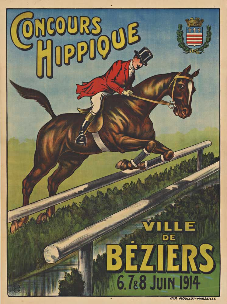 Horse rider, sports even, French poster, horse jumping over rails, art nouveau, original poster, linen backed, A- / B+