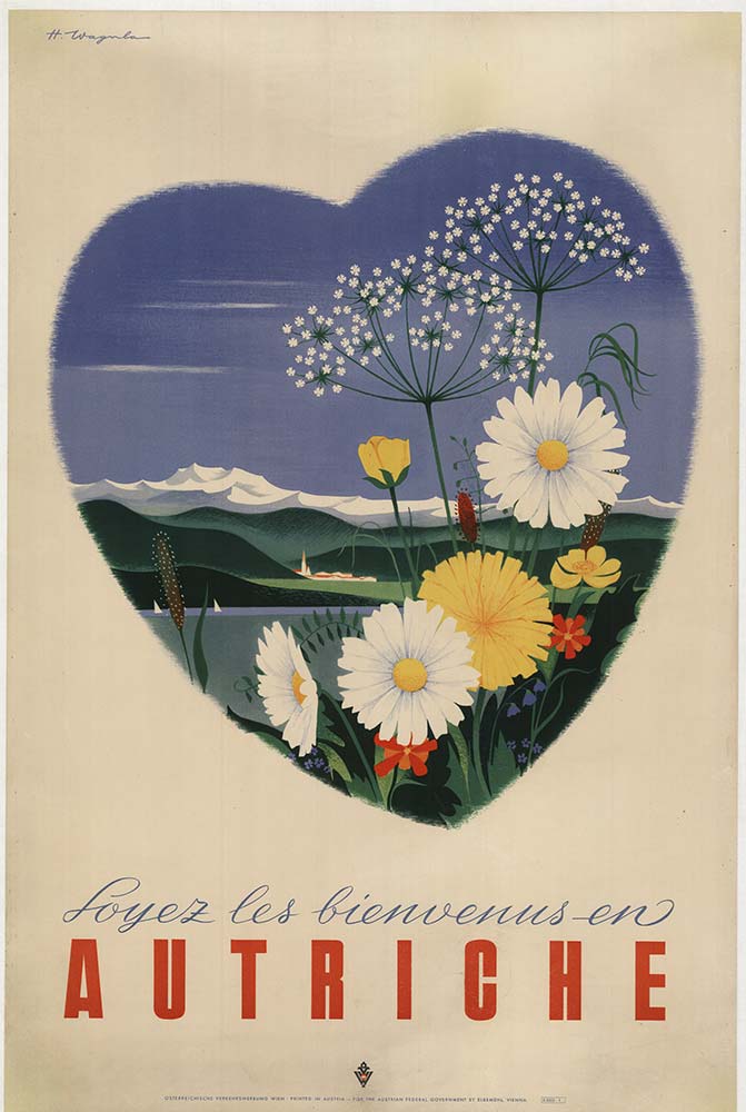 heart shaped scene of mountains an flowers, visit Austria, linen backed original poster, good condition