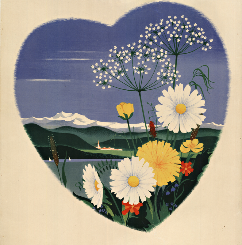 heart shaped scene of mountains an flowers, visit Austria, linen backed original poster, good condition