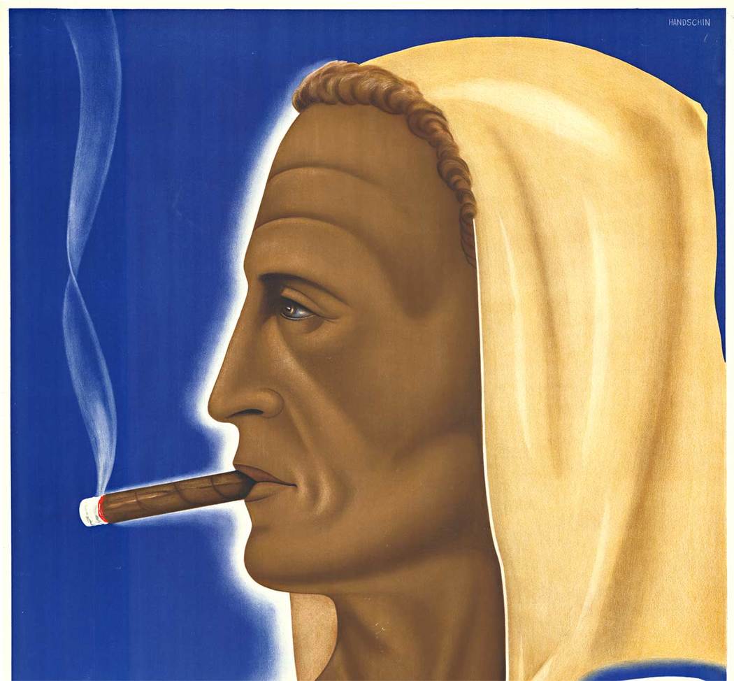 cigar smoking man, Swiss cigars, looks like Arnold Swartenigger, linen backed, A- original Swiss poster,