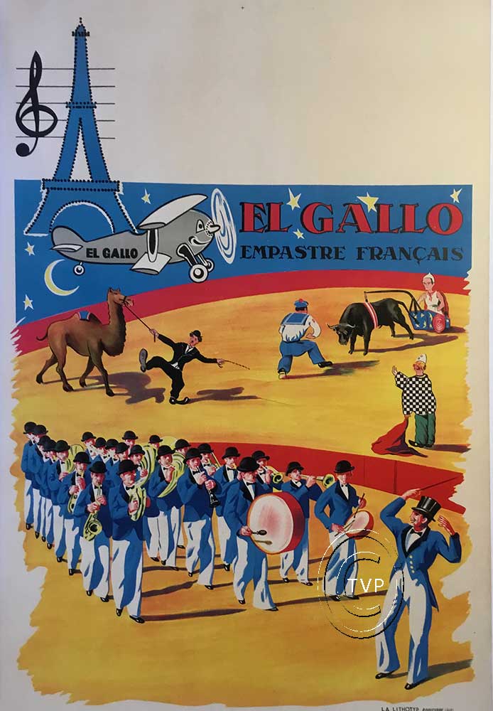 El Gallo Empastre Francais, the circa 1930s French poster promoting a comedy event by the Spanish traveling troupe El Gallo (The Rooster), which was based on bullfighting, and featuring art of the Eiffel tower, a marching band, a Charlie Chaplin impersona
