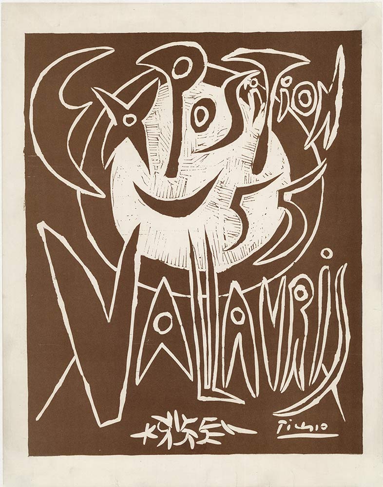Exposition Vallauris. 1955. Professional acid-free archival linen backed. <br> <br>One of Picasso's famous designs for the 1955 ceramics expo at Vallauris. He lived in this town in the Côte d'Azur for eight years, from 1948-1955, and gave the town, famed