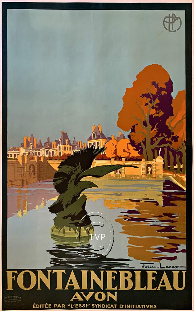 fountain, castes, lake, trees, statues, linen backed, original poster, Frenchposter