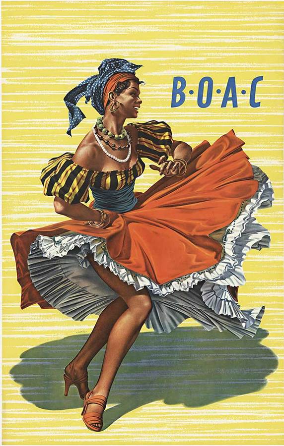 Original vintage poster: (CARIBBEAN JET) BOAC travel poster by the artist Hayes. Dressed in a beautiful dress this Caribbean beauty is dancing and smiling; inviting you to come visit. A unique variation that only includes the BOAC name at the top! 