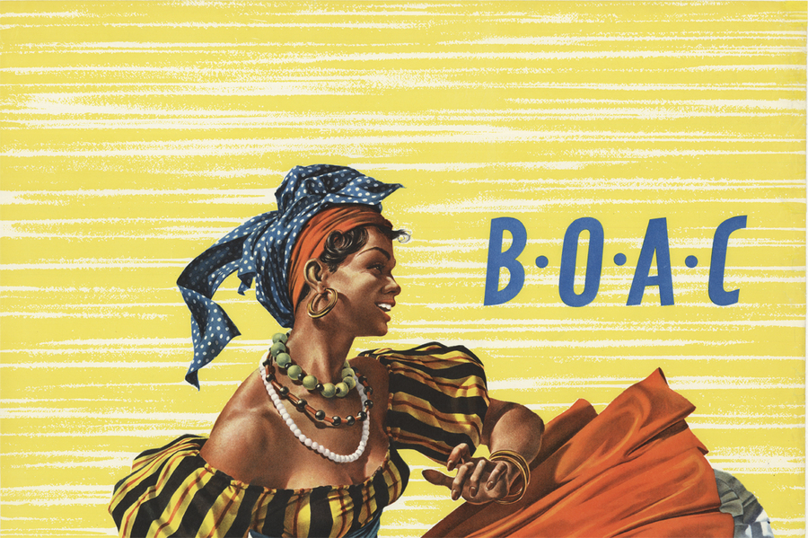 Original vintage poster: (CARIBBEAN JET) BOAC travel poster by the artist Hayes. Dressed in a beautiful dress this Caribbean beauty is dancing and smiling; inviting you to come visit. A unique variation that only includes the BOAC name at the top! 