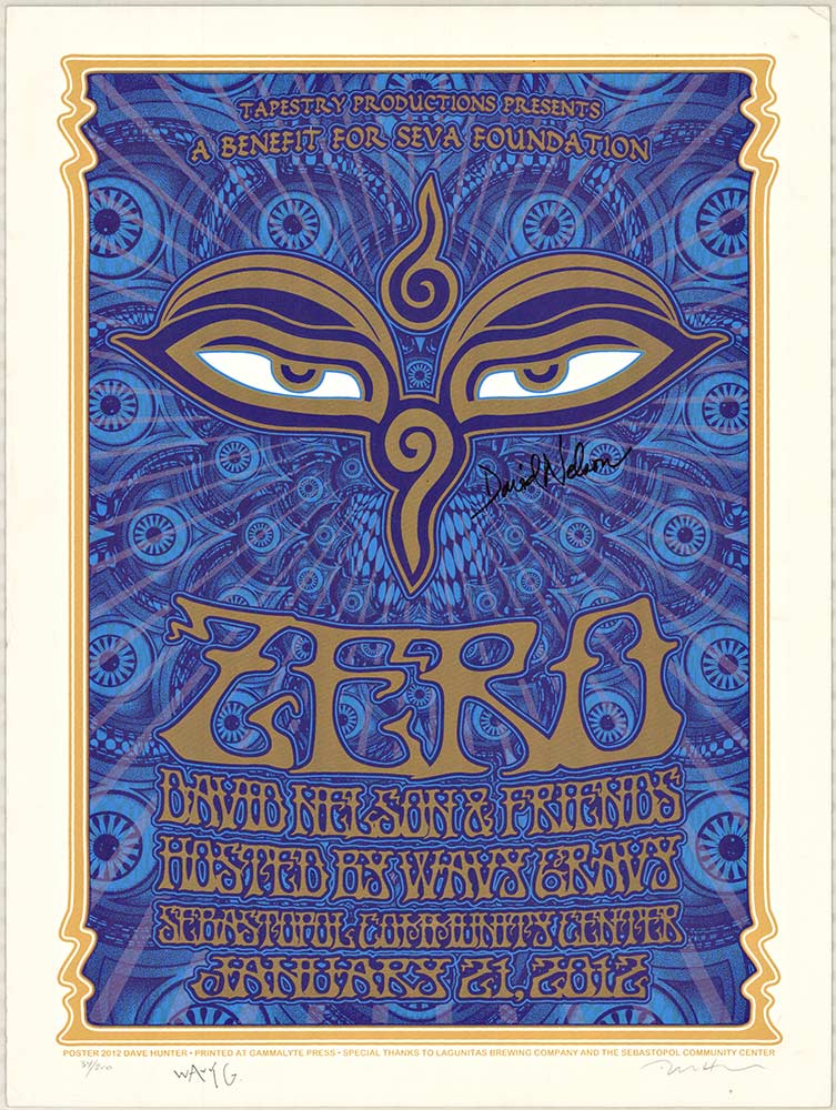`This 5 Color silkscreen print was created for The Seva Foundation and their benefit concert at The Sebastopol Community Center on January 21st, 2012. Featuring Zero, David Nelson & Friends and hosted by Wavy Gravy. Designed and hand printed by Dave Hun