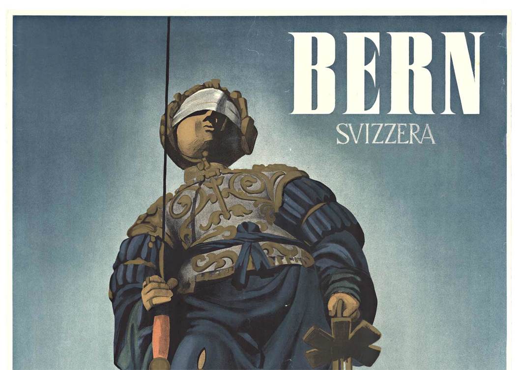 Original Bern - Switzerland. Artist: Leutenegger. Year: 1941. Archival linen backed with some minor wear. <br> <br>The blind scales of justice. The colors in this poster are incredible. It's a beautiful, striking masterpiece - a Swiss travel post