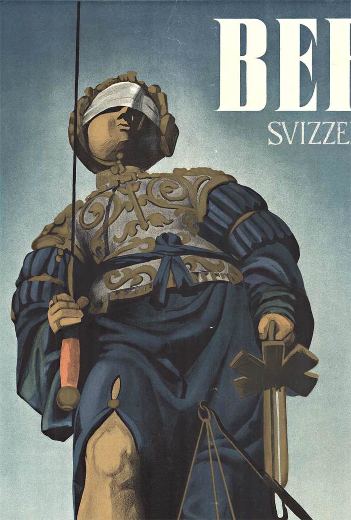 Original Bern - Switzerland. Artist: Leutenegger. Year: 1941. Archival linen backed with some minor wear. <br> <br>The blind scales of justice. The colors in this poster are incredible. It's a beautiful, striking masterpiece - a Swiss travel post