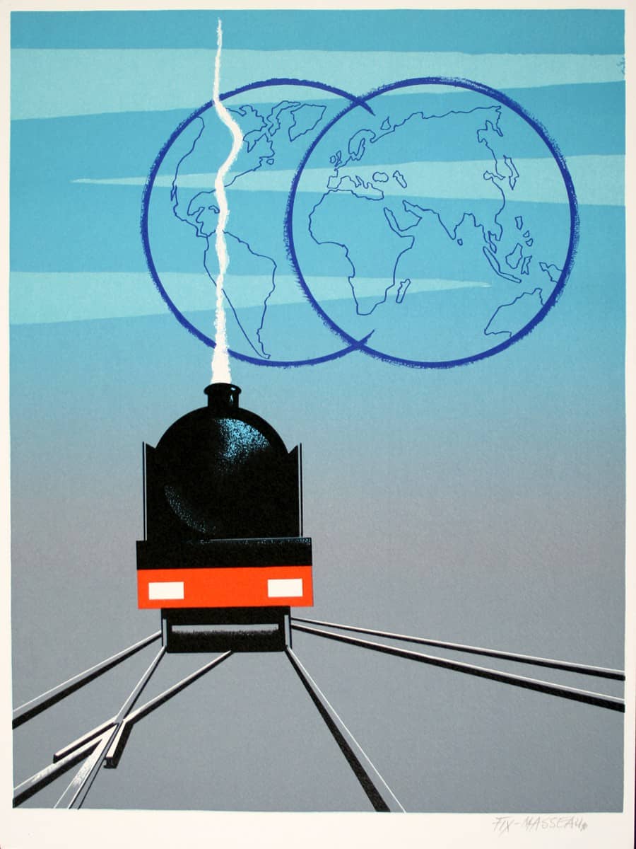 Original Fix Masseau, hand signed in the lower right corner in pencil. The image features his Orient Express sytle train engine with dual interlocking world globes, showing the global networking theme. <br>The train is from Fix Masseau's famous Exactitu