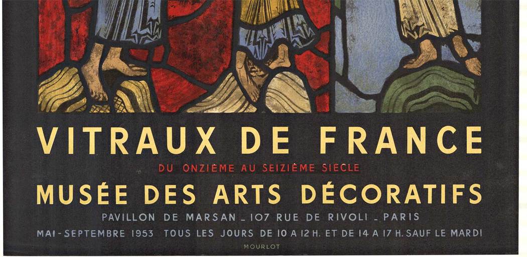 VITRAUX DE FRANCE. An original 1953 Mourlot poster showing the stained glass exhibition from the eleventh to the sixteenth century. This is rare and very good condition original 1953 poster printed by Mourlot lithography on mat paper. The images fe