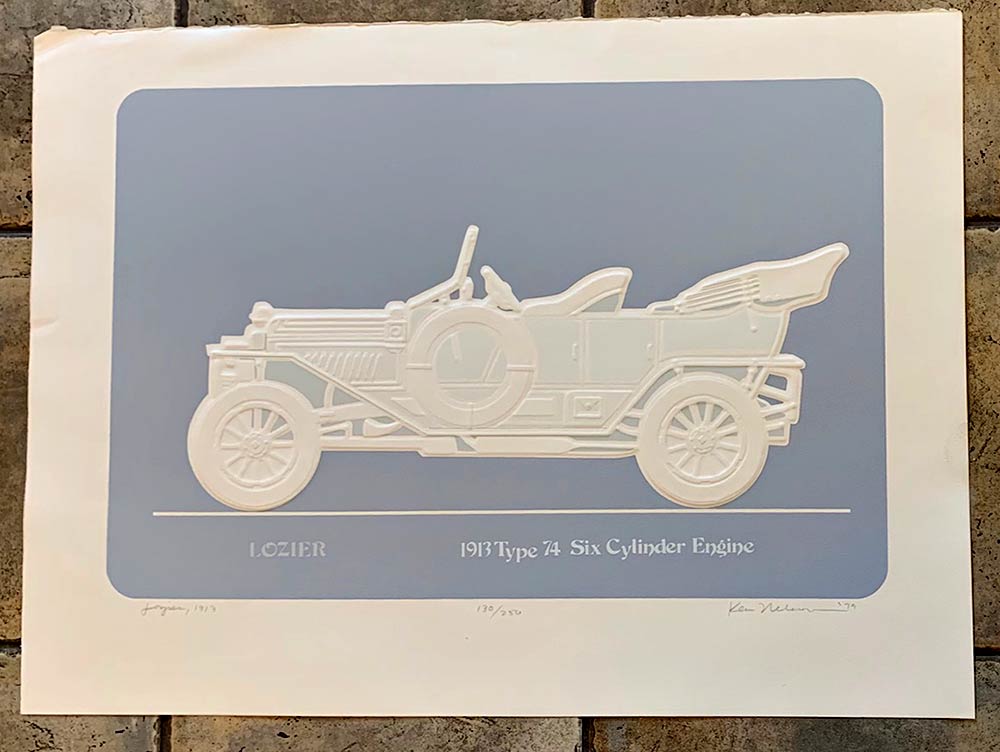 Original, hand signed and numbered #130/250 horizontal embossed Lozier. This is the 1913 Type 74 Six Cylinder Engine. Hand signed and numbered 130/250. The entire automobile is one large embossed panel in this print. Fine cotton rag paper, Top de