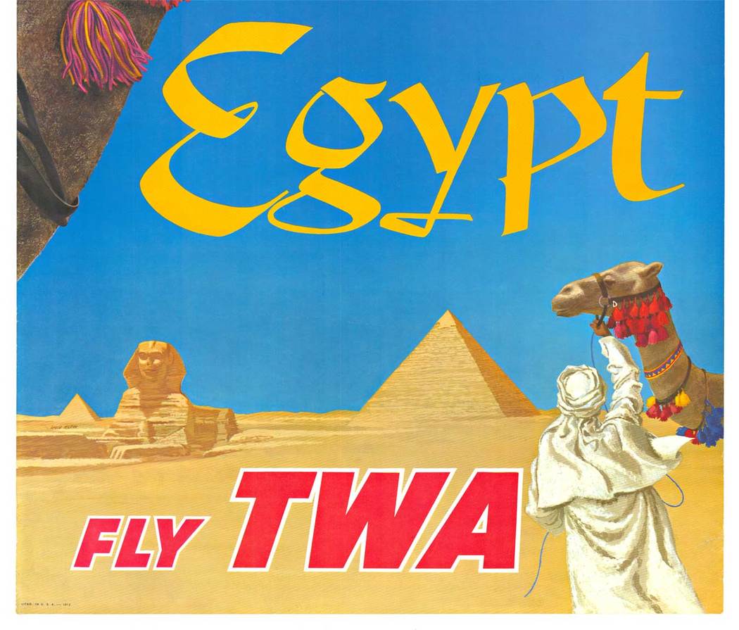 Original Egypt Fly TWA vintage poster. Artist: David Klein. Linen backed in excellent condition, grade A. Ready to frame. <br> <br>TWA (Trans World Airlines) was formed in 1924 as Transcontinental & Western Air. The airline's first route was from 