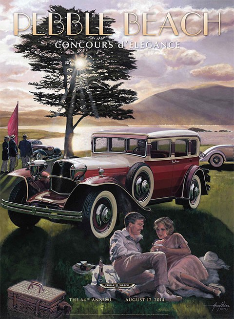 PEBBLE BEACH Concours d'Elegance, oriignal 2014 poster designed by Gary Whinn. This is the 64th annual Concours d'Elegance event poster. <br> <br>This poster is very good condition. <br>It is not linen backed, but ready to frame. Printed on heavier st