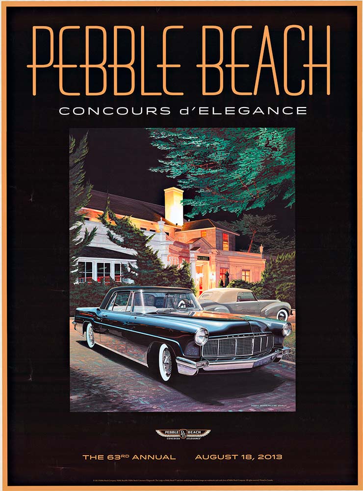 Original PEBBLE BEACH Concours d'Elegance 2013 poster created by the artist Ken Eberts. This commemorates the 63rd annual event. <br> <br>This is an Original Lithograph Vintage Poster; it is not a reproduction. This poster is professional acid-free cons