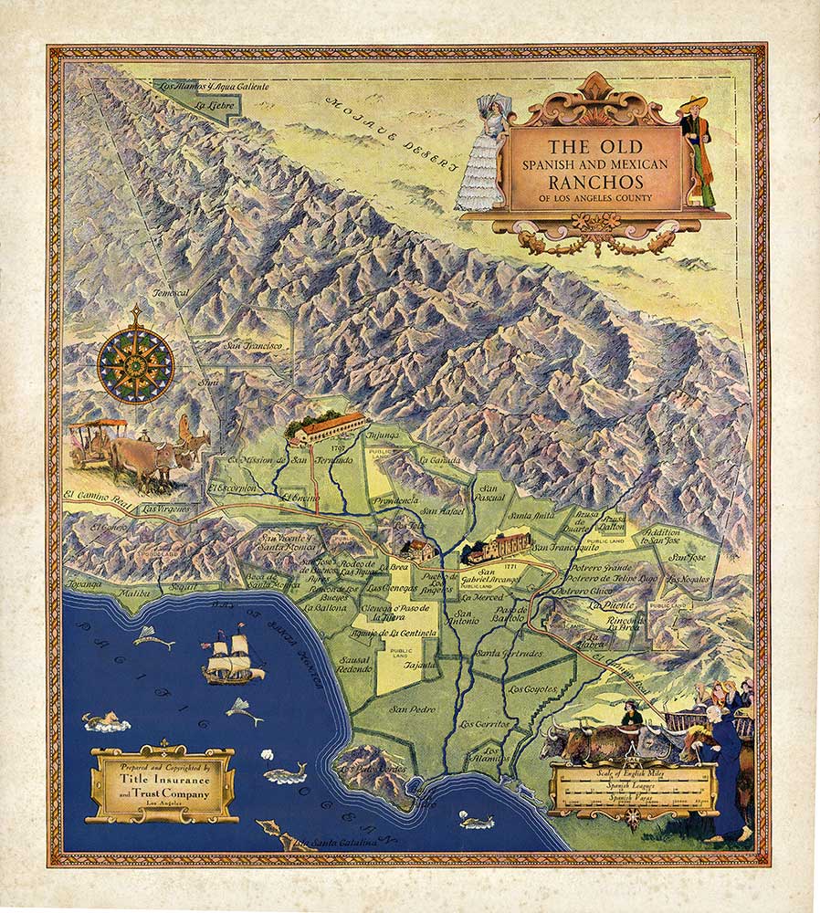 Original vintage poster: The Old Spanis and Mexican Ranchos of Los Angeles. Artist is: Gerald A Eddy. This map is printed on a thicker parchment style paper and has age foxing in the 1" outter border of this poster. A 1" boarder is around the entir