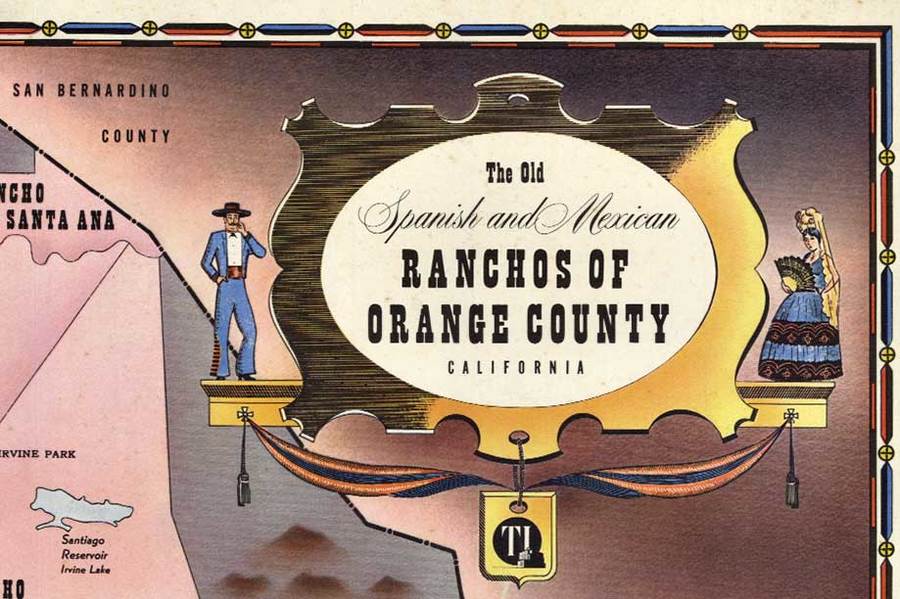 Original vintage poster: "The Old Spanish and Meixican Ranchos of Orange County California". The artist is Lowell Butler, Prepared and issued by the Title Insurance and Trust Company.\ Printed on a heavier card stock paper, this poster is not linen