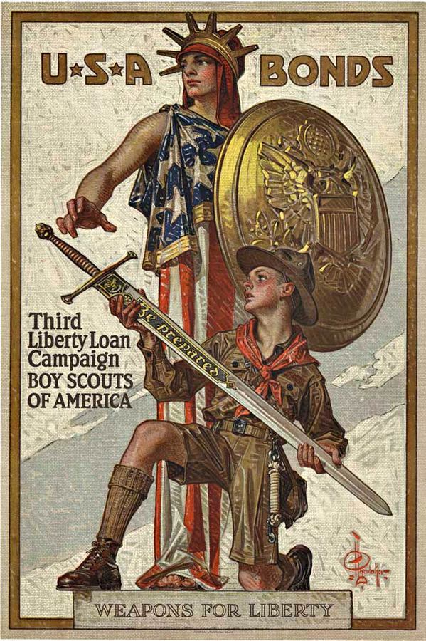 boy scouts, swords, bonds, original poster, statue of liberty, lady liberty, weapons, shield, #thevintageposter, poster art, world war 1 original poster