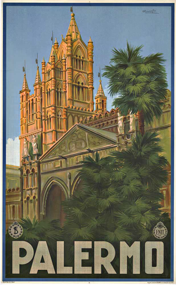 Original vintage travel poster: PALERMO (Sicily) created c. 1928 by the artist Attilio Ravaglia. Linien backed in good condition with some restoration in the outside boaders professionally touched up. <br>This is a very rare original travel poster.