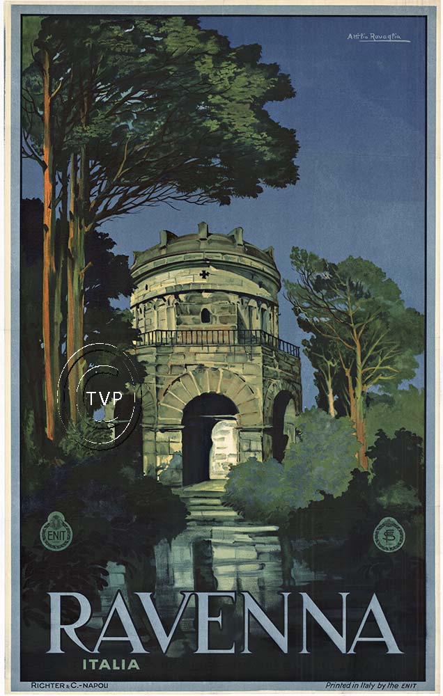 Original vintage travel poster: RAVENA, ITALY. Artist: Attilio Ravaglia. Believed to be created c. 1920. Archival linen backed and ready to frame. Small touch up during linen backing along the boarder. Produced by the Italian tourist board E