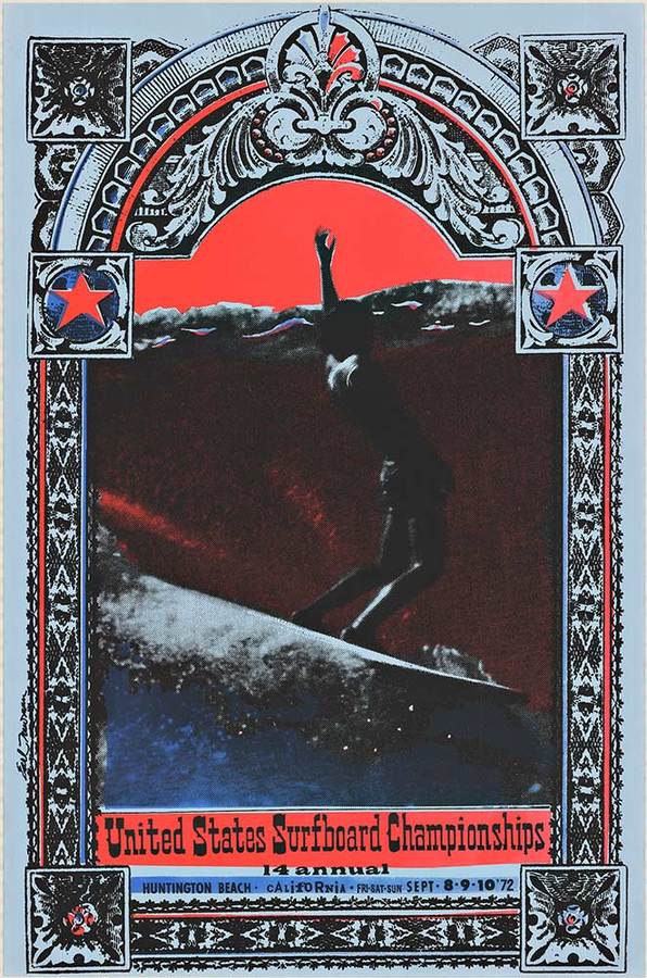 psychedelic, surf art, original poster, California art, surfer on a surfboard, Huntington Beach championship,
