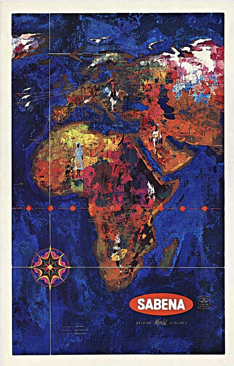 Original poster: SABENA, Belgium World Airlines travel poster. Printed in Belgium by Marci, Brussels. Linen backed in very fine condition; ready to frame. <br> <br>A great seldom seen poster of the Africa and the Middle East. The African contin