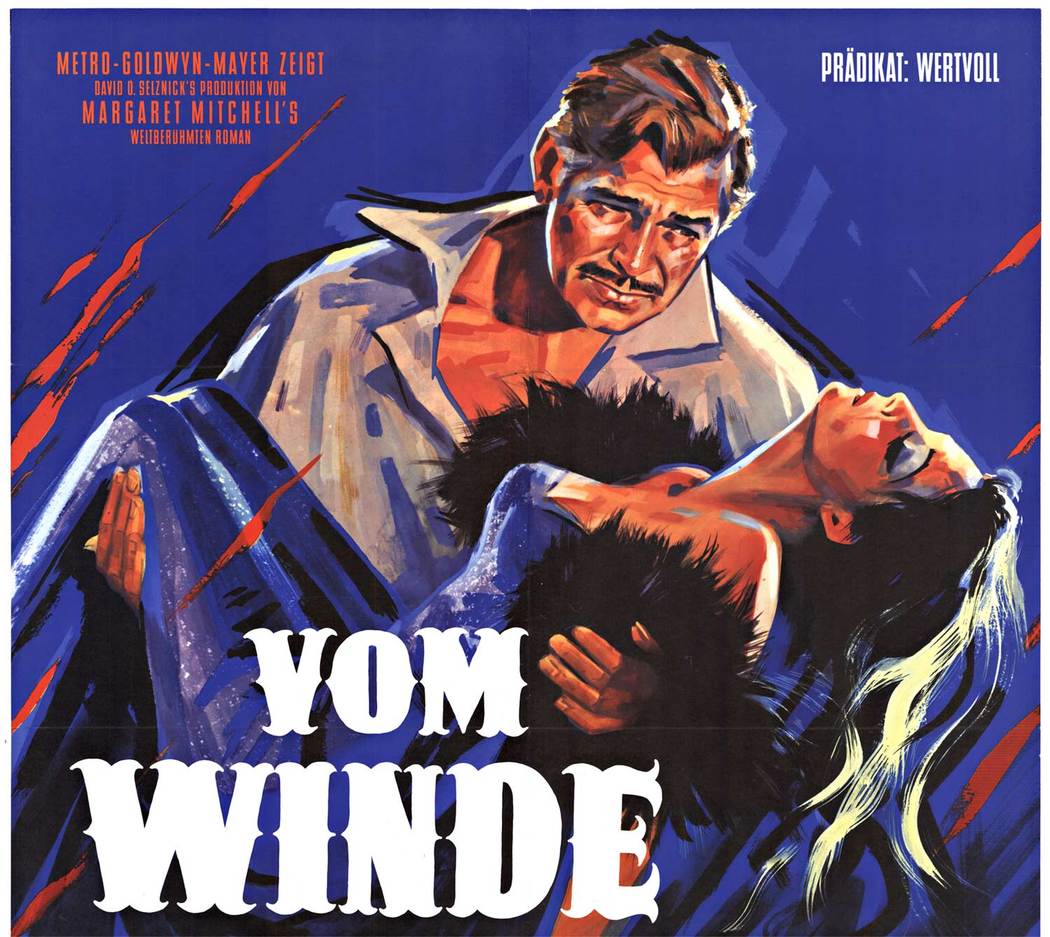 Original vintage lithograph poster: Gone with the Wind <br>(Vom Winde verweht) <br>Original vintage movie poster with professional acid-free linen backing; very good condition; ready to frame. This is the German 1962 release of Gone with the Wind; prin