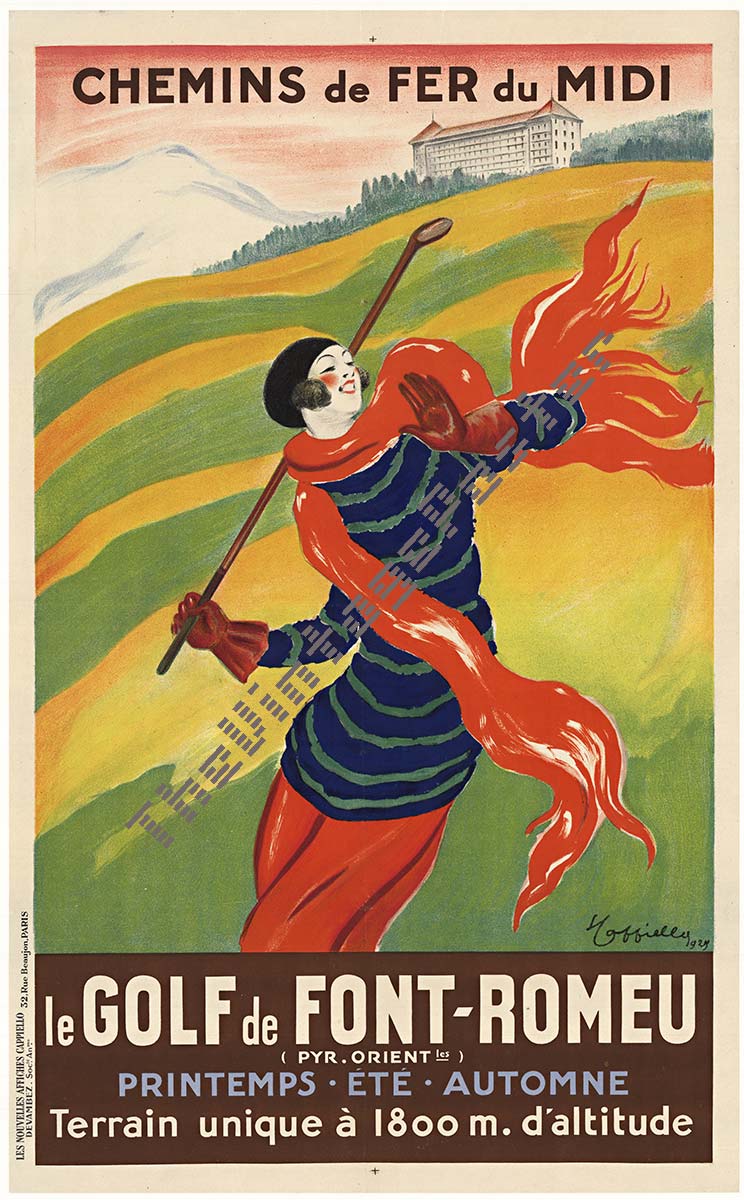 Original mint condition LE GOLF DE FONT-ROMEU, Chemins de Fer du Midi 1929 stone lithograph. <br>Artist: Leonetto Cappiello. Linen backed. Yes, this original poster is in pristine mint condition, ready to frame. Spring, Summer and Autumn <br> <br>Th