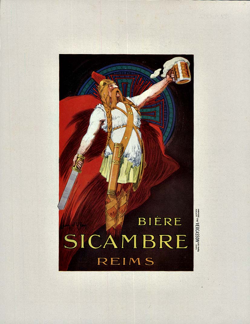 Original small format Jean D'Ylen, Vercasson printed promotional poster for Sicambre Biere Reims (France). Note that this is not the full size super rare rare D'Ylen poster. This poster is rare enough that it is difficult to get the date that the 