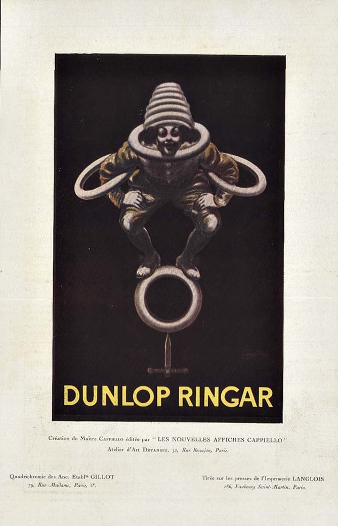 Original poster: DUNLOP RINGAR. Artist: Leonetto Cappiello. <br>Created as part of Les Mouvelles Affiches Cappiello. Printer Devambez. <br>Presented in a 16" X 20" acid-free mat for protection and suitable for framing. <br> <br>This image features a