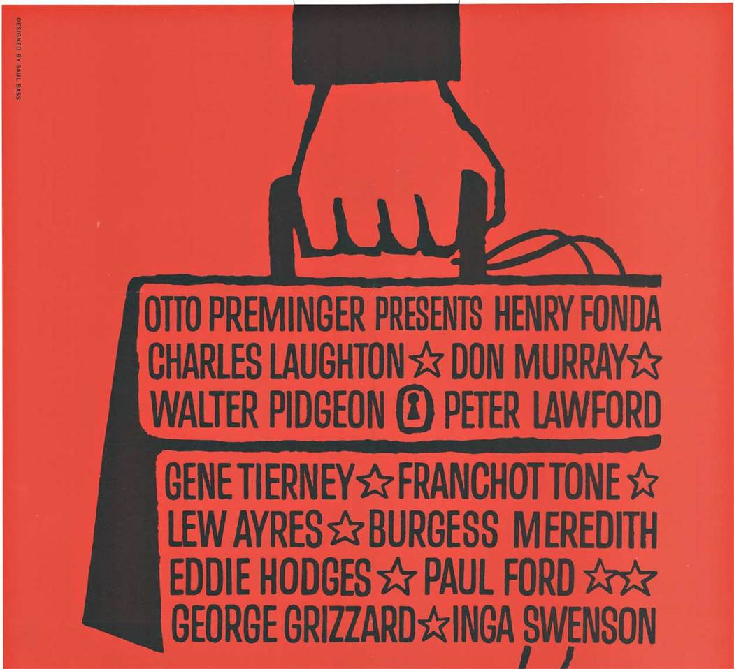 Original US movie poster: ADVISE & CONCENT. Otto Preminger's 1962 Drama staring Franchot Tone, Leq Ayres and Henry Fonda. The artwork is by the legindary graphic designer Saul Bass (1920-1996). <br> <br>This original movie poster is archival linen back