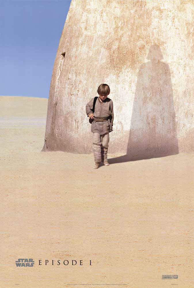 Original poster: Star Wars Episode I: The Phantom Menace, the 1999 George Lucas science fiction (sci-fi) outer space adventure epic prequel ("Every Saga Has A Beginning."; "Every Journey Has A First Step... "; "One hero One destiny"; "One force One choic