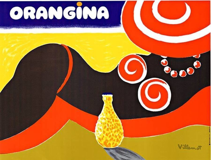Orangina by Bernard Villemot (1911-1989) <br>Original; Orangina linen backed. Horizontal format. One of dozens of designs Villemot created for Orangina, here a curvaceous sunbather -- reminiscent of one of Matisse?s nudes -- is about to enjoy a seasid