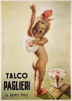 The baby is powder puffing her body with the Talco Paglieri 'al boro timo'. Wearing pink slippers and a big pink bow in her hair. The background is done in variations of mint green. A great baby powder original poster.