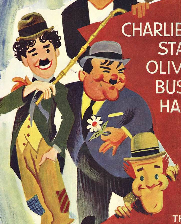 the kings of commedy, French movie poster, Charlie Chaplin, Roscoe "Fatty" Arbuckle, Wallace Beery, Buser Keaton, Laurel & Hardy, linen backed, original poster, authentic poster, poster art, cartoon characters of actors