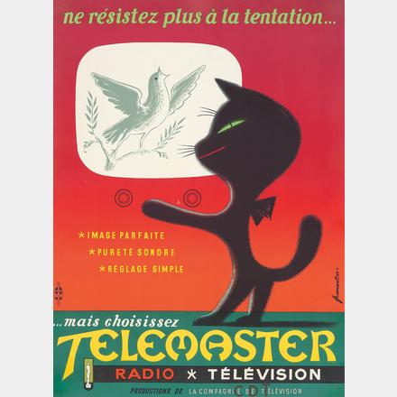 television, cat, French poster, originial, linen backed, fine condition. Colorful,